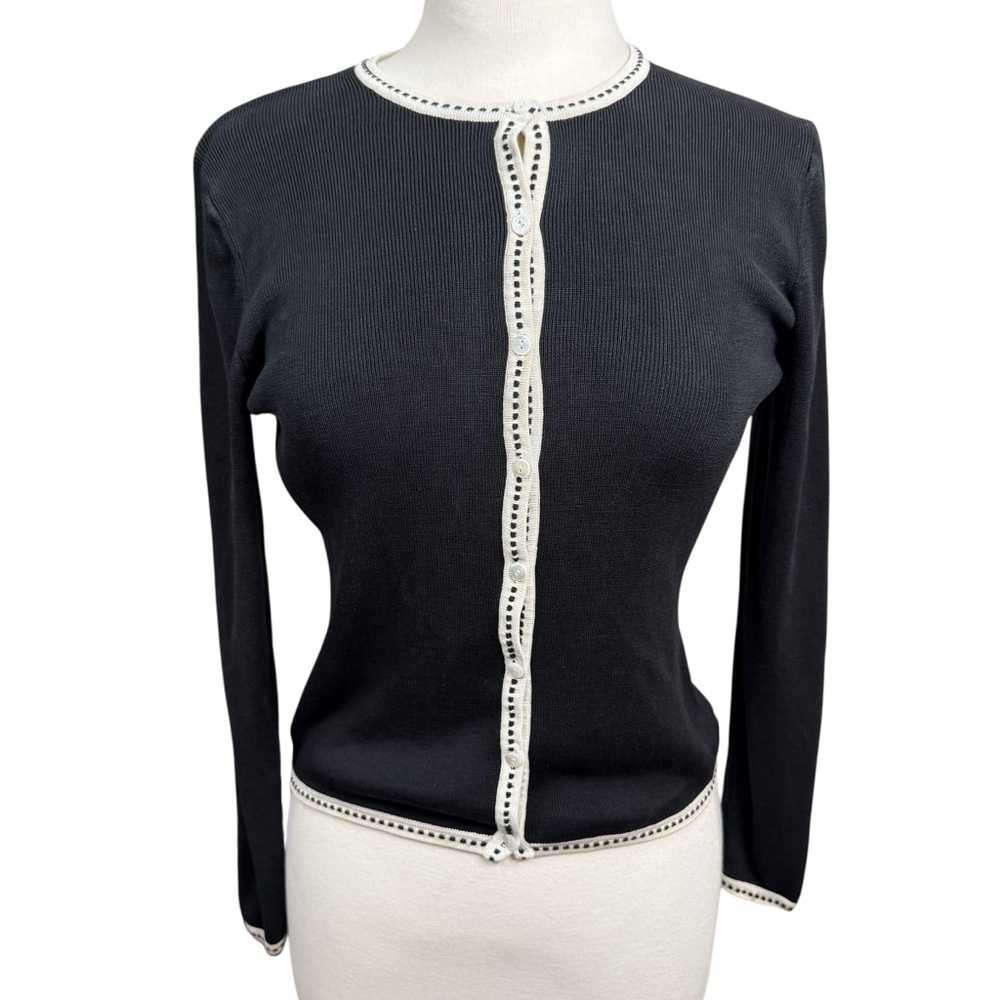 Ann Taylor Silk Cardigan Small Black Contrast Trim Button Front